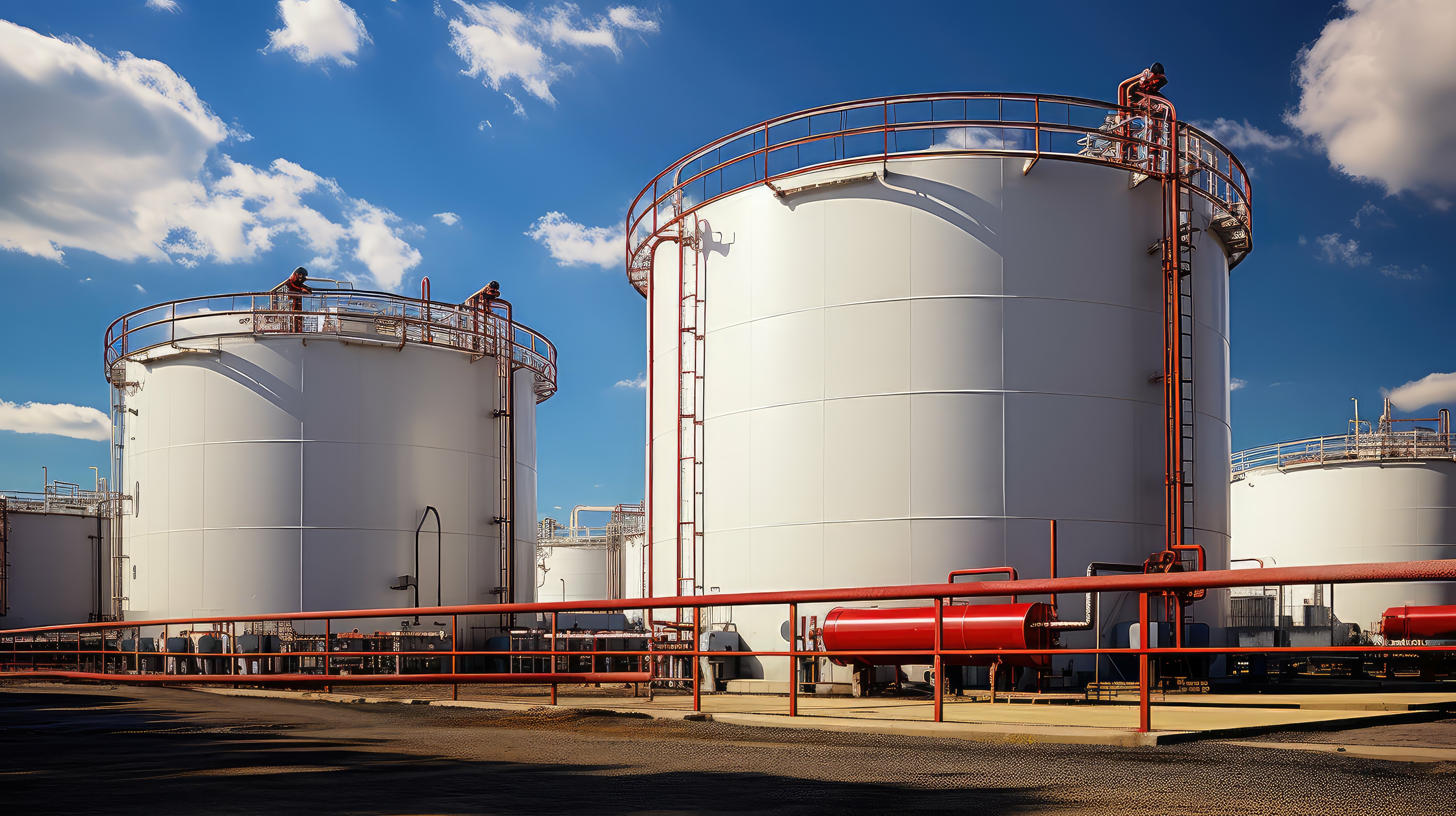 Jurong Island terminal with pressurized storage tanks and marine jetties.